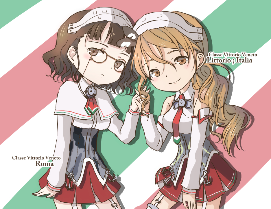 2girls anchor bangs blunt_bangs brown_eyes brown_hair capelet detached_sleeves dress garter_straps glasses hair_between_eyes headdress holding_hands kantai_collection littorio_(kantai_collection) long_hair multiple_girls neckerchief necktie roma_(kantai_collection) short_hair skirt sleeveless sleeveless_dress swept_bangs wavy_hair