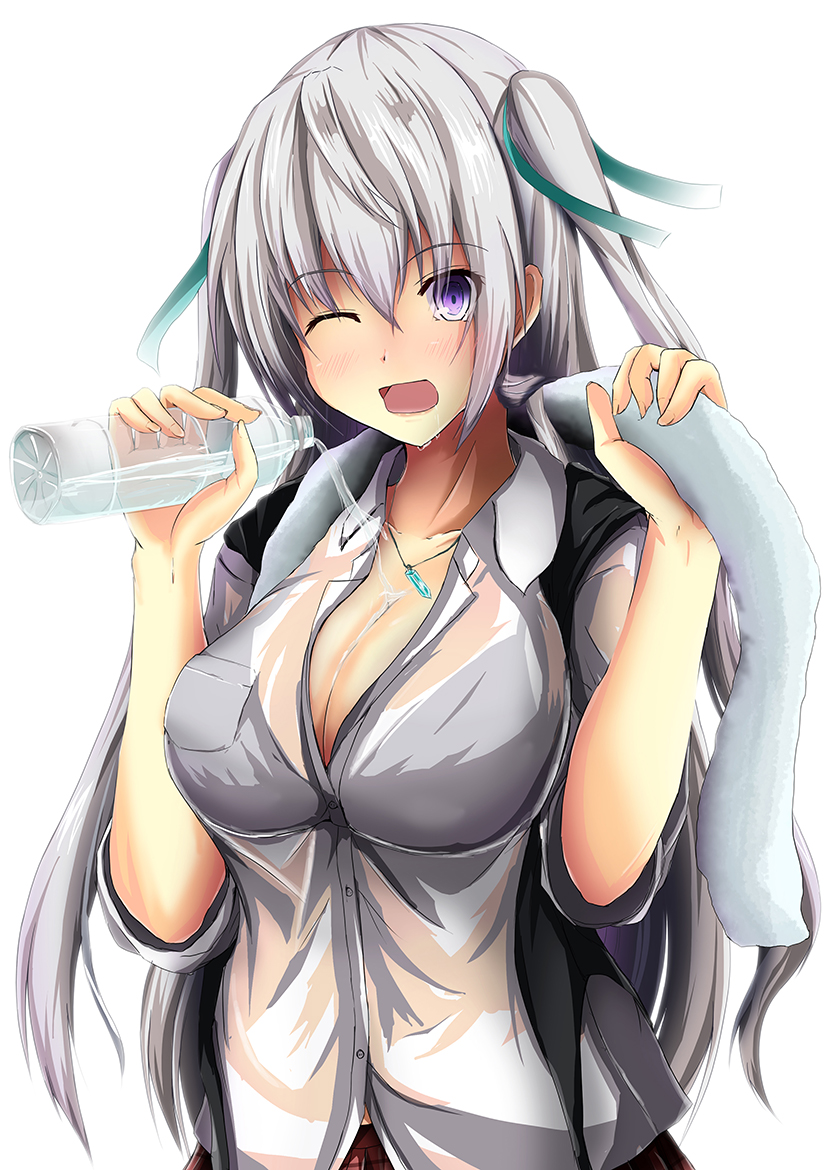 1girl ;d breasts cleavage jewelry kanzaki_kureha long_hair looking_at_viewer necklace one_eye_closed open_mouth original pouring silver_hair simple_background smile towel twintails two_side_up violet_eyes wet wet_clothes white_background winking