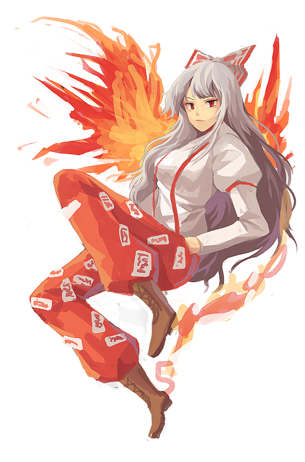 1girl albino boots bow fire fujiwara_no_mokou full_body hair_bow hair_ornament hands_in_pockets long_sleeves looking_at_viewer ofuda pants puffy_sleeves red_eyes shirt silence_girl simple_background solo touhou white_background white_hair wings