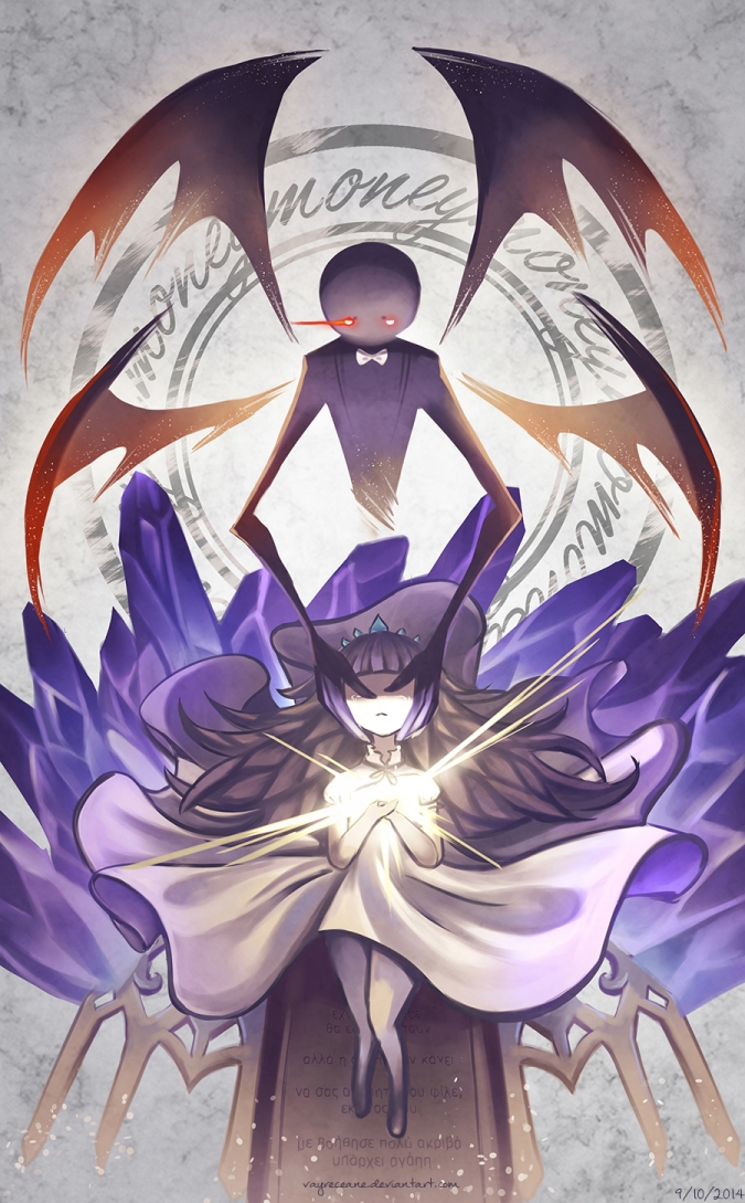 1girl 2014 brown_hair covering_eyes deemo deemo_(character) dress entrance_(deemo) girl_(deemo) glowing glowing_eyes long_hair magnolia_(deemo) shining songover tears tombstone very_long_hairdated