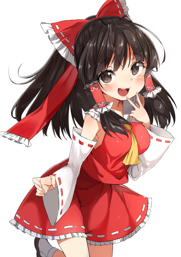 1girl antenna_hair ascot black_hair blush breasts detached_sleeves gomibox hair_ribbon hair_tubes hakurei_reimu large_breasts long_hair looking_at_viewer open_mouth ribbon ribbon-trimmed_skirt ribbon-trimmed_sleeves ribbon_trim shoes simple_background solo touhou white_background