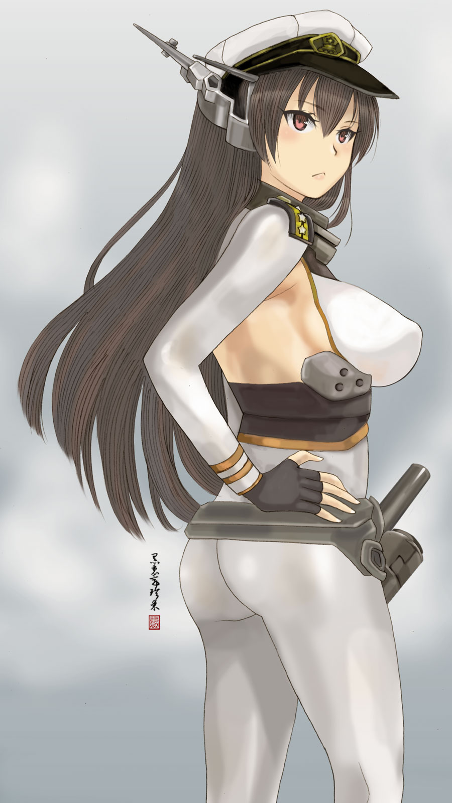 admiral_(kantai_collection)_(cosplay) black_hair breasts cosplay from_behind gloves hairband hat headgear highres kantai_collection kurorichin large_breasts long_hair military military_uniform nagato_(kantai_collection) red_eyes uniform