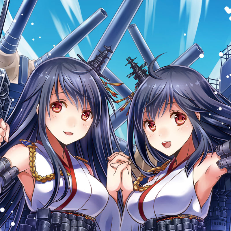 2girls :d ahoge aiguillette armpits bare_shoulders black_hair detached_sleeves fusou_(kantai_collection) hair_ornament holding_hands kantai_collection long_hair looking_at_viewer machinery multiple_girls nontraditional_miko open_mouth red_eyes riolabo short_hair smile yamashiro_(kantai_collection)