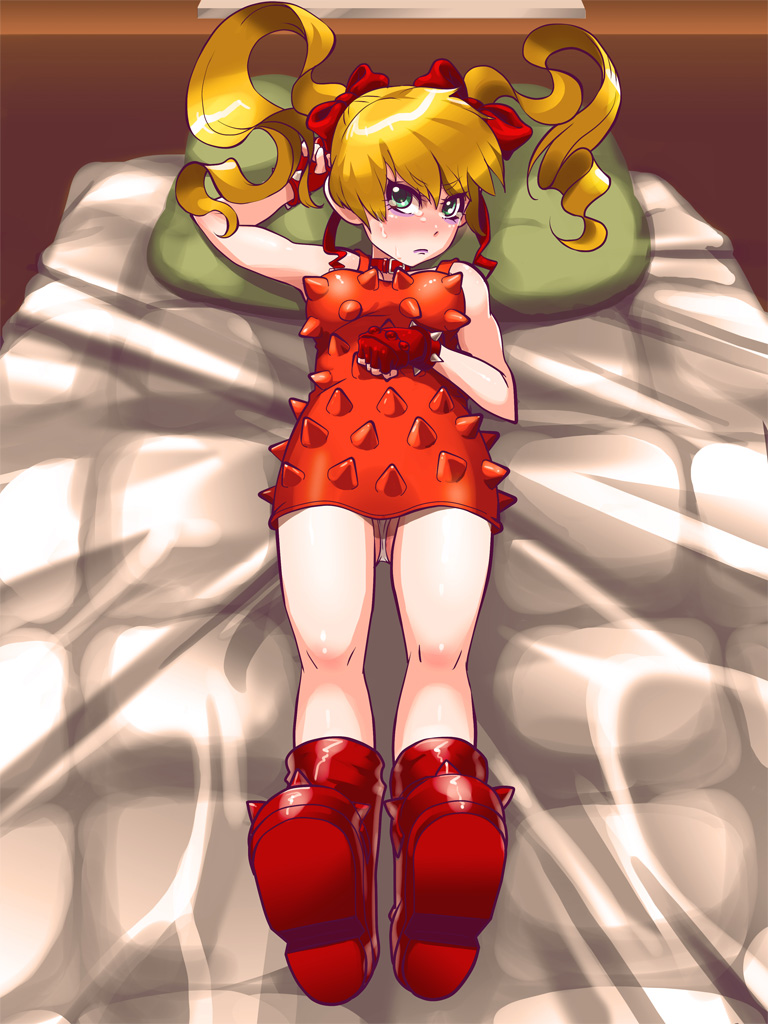 1girl ankle_boots bed blonde_hair blue_eyes blush boots bow breasts dress effie fingerless_gloves full-face_blush gloves hair_bow long_hair looking_at_viewer on_bed oppai_loli osamu_yagi pillow red_dress red_gloves ribbon solo spikes street_fighter street_fighter_iii sweatdrop twintails