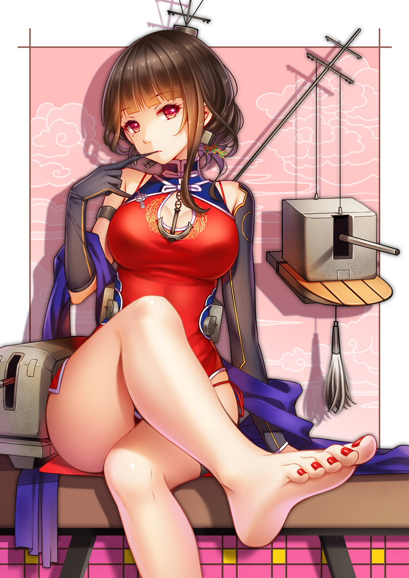 1girl anchor antennae bare_legs barefoot biting black_gloves breasts brown_hair cannon character_request china_dress chinese_clothes crossed_legs elbow_gloves glove_biting gloves large_breasts machinery red_eyes sitting solo tidsean warship_girls_r yat_sen_(warship_girls_r)