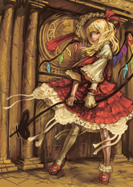 1girl adapted_costume alternate_costume ascot asymmetrical_legwear blonde_hair bow crystal fang flandre_scarlet frills full_body gloves hat hat_bow laevatein long_hair long_sleeves looking_at_viewer mary_janes mob_cap puffy_sleeves red_eyes shirt shoes single_glove skirt skirt_set smile socks solo thigh-highs touhou vest white_gloves white_legwear wide_sleeves wings woominwoomin5