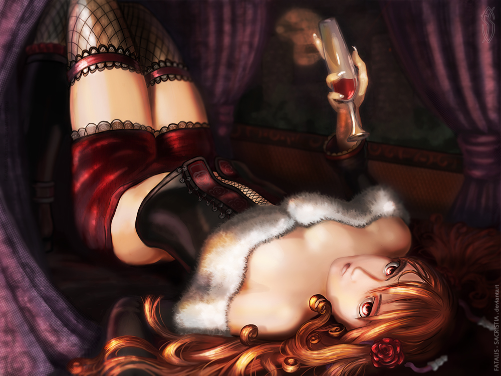 1girl alcohol amy_sorel arched_back bare_shoulders cup curtains fishnet_legwear fishnets gothic_lolita lolita_fashion looking_at_viewer lying red_eyes redhead shorts soulcalibur soulcalibur_iv wine wine_glass