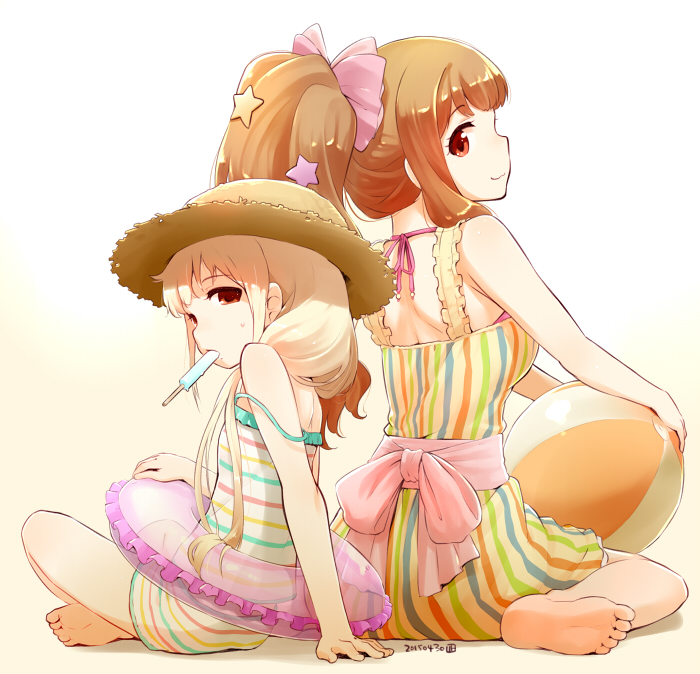 2girls arm_support ball bare_shoulders barefoot beachball blonde_hair bow brown_eyes brown_hair dated dress error futaba_anzu hair_bow hat idolmaster idolmaster_cinderella_girls indian_style innertube leaning_back long_hair looking_at_viewer moroboshi_kirari mouth_hold multicolored_stripes multiple_girls nagian off_shoulder popsicle sitting smile strap_slip straw_hat striped striped_dress sundress sweatdrop swimsuit swimsuit_under_clothes twintails vertical-striped_dress vertical_stripes wariza