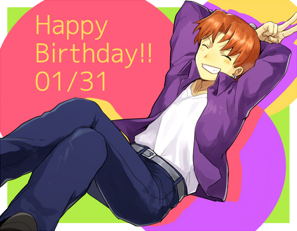 1boy birthday dated fate/zero fate_(series) happy_birthday jacket orange_hair purple_jacket ruchi solo uryuu_ryuunosuke v