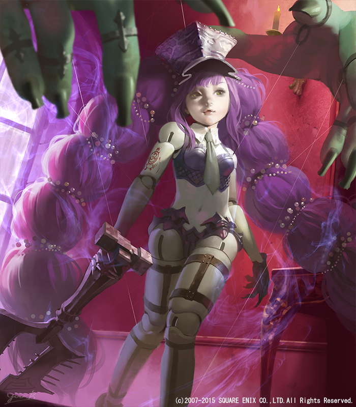 1girl bedlam claws crop_top doll_joints gloves green_eyes hat huge_weapon lips long_hair lord_of_vermilion lord_of_vermilion_iii multi-tied_hair necktie nose purple_hair reverse_grip small_breasts solo very_long_hair weapon white_skin yuu_kikuchi