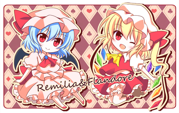2girls ;d ascot bat_wings blonde_hair blue_hair blush chibi clubs_(playing_card) diamonds_(playing_card) fang flandre_scarlet heart hearts_(playing_card) kashiwadokoro layered_dress mob_cap multiple_girls one_eye_closed open_mouth red_eyes remilia_scarlet short_hair siblings side_ponytail sisters slit_pupils smile spades_(playing_card) touhou wings