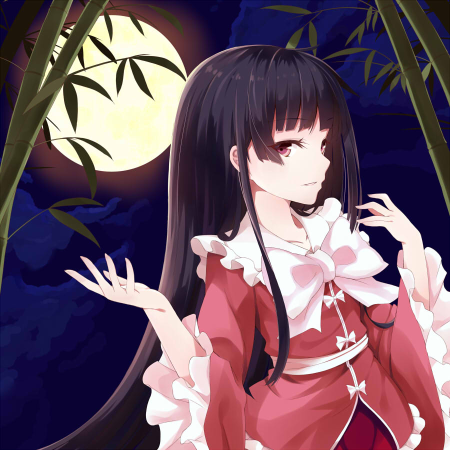 1girl bamboo bamboo_forest black_hair bow clouds forest full_moon hime_cut houraisan_kaguya long_hair long_sleeves looking_at_viewer moon nature night note_(aoiro_clip) pink_eyes shirt sky solo touhou upper_body very_long_hair wide_sleeves