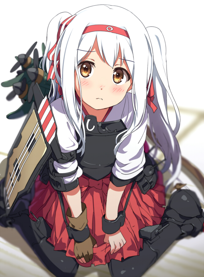1girl airplane alternate_hairstyle armor brown_gloves flight_deck gloves hairband kantai_collection long_hair looking_at_viewer ogipote shirt shoukaku_(kantai_collection) silver_hair single_glove sitting skirt solo twintails v_arms very_long_hair wariza younger