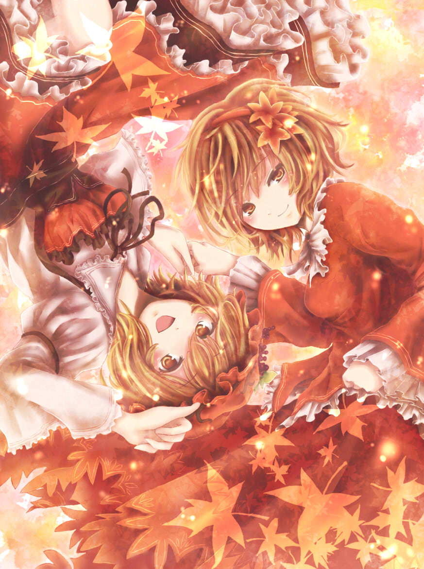 2girls aki_minoriko aki_shizuha blonde_hair frilled_apron frilled_skirt frills fuyuto_(ihara_128) hair_ornament holding_hands layered_dress leaf leaf_hair_ornament long_sleeves maple_leaf mob_cap multicolored_background multiple_girls open_mouth red_eyes rotational_symmetry siblings sisters skirt smile touhou upside-down yellow_eyes