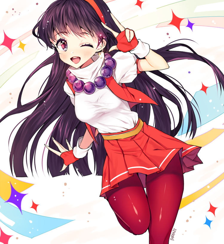 1girl ;d artist_name asamiya_athena bangs belt earrings fingerless_gloves gloves hairband jewelry king_of_fighters king_of_fighters_97 long_hair necklace one_eye_closed open_mouth pantyhose parfait_(ryunghu) purple_hair purple_legwear red_skirt red_vest shirt skirt smile solo sparkle standing_on_one_leg very_long_hair vest violet_eyes w white_shirt