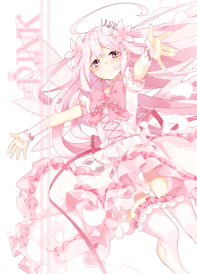 1girl ahoge arm_warmers bow crown dress fairy_wings flower flower_necklace frilled_dress frilled_ribbon frills garter_straps hair_flower hair_ornament jewelry lace-up layered_dress long_hair necklace original outstretched_arms pink pink_dress pink_eyes pink_hair pink_legwear ribbon sakuragi_ren solo thigh-highs very_long_hair white_background wings