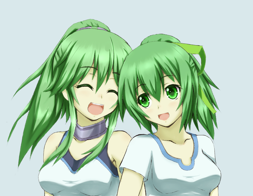 2girls bare_shoulders breasts closed_eyes collarbone duel_monster green_eyes green_hair grey_background hair_ribbon jewelry kenn long_hair looking_at_another multiple_girls open_mouth ponytail ribbon siblings simple_background sisters winda_priestess_of_gusto wynn yuu-gi-ou