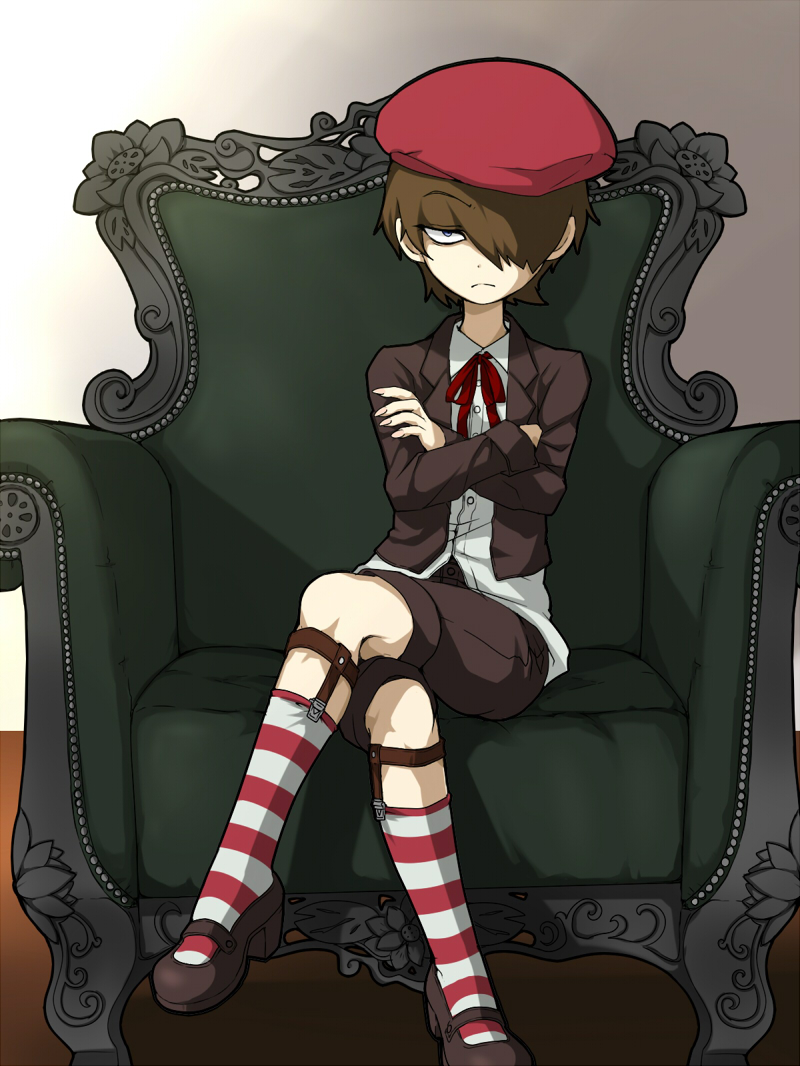 1boy beret brown_hair chair company_connection crossed_arms crossed_legs flower fluke_(youkai_watch) frown hair_over_one_eye hat indoors looking_at_viewer male_focus mary_janes parody professor_layton red_legwear sentinel_(ensofu) shoes short_hair sitting sock_garters socks solo striped striped_legwear white_legwear youkai_watch