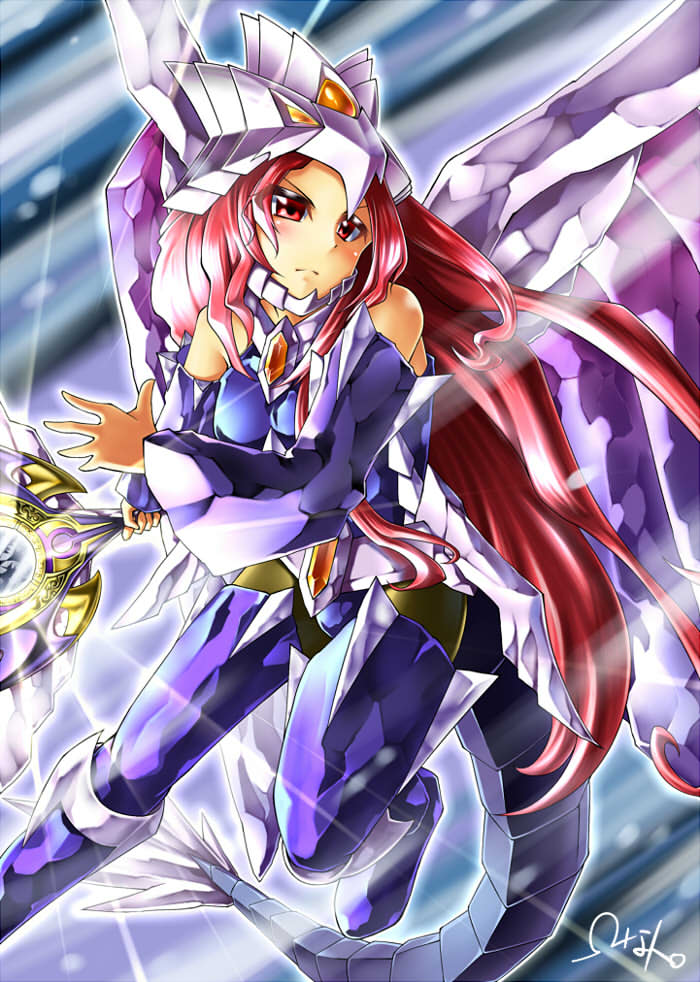 1girl armor armpits breasts detached_sleeves duel_monster gungnir_dragon_of_the_ice_barrier hat jewelry long_hair nekroz_of_gungnir omega_na_hito red_eyes redhead scepter solo tail tidal_dragon_ruler_of_waterfalls yuu-gi-ou