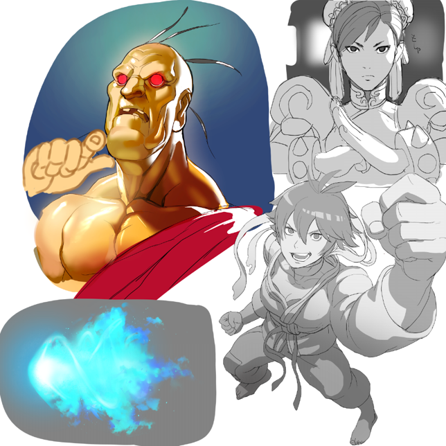 choker chun-li collage dark_skin dougi fireball fist_pump glowing glowing_eyes makoto_(street_fighter) muscle no_pupils oetarou oro_(street_fighter) palm-fist_greeting partially_colored red_eyes ribbon_choker short_hair street_fighter street_fighter_iii street_fighter_iii:_3rd_strike tomboy