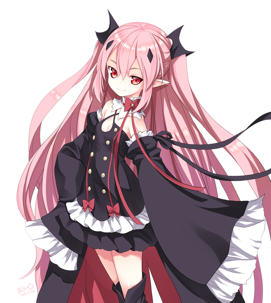 1girl bare_shoulders detached_sleeves kiira krul_tepes long_hair owari_no_seraph pink_hair pointy_ears red_eyes ribbon simple_background sleeves_past_wrists smile solo very_long_hair white_background