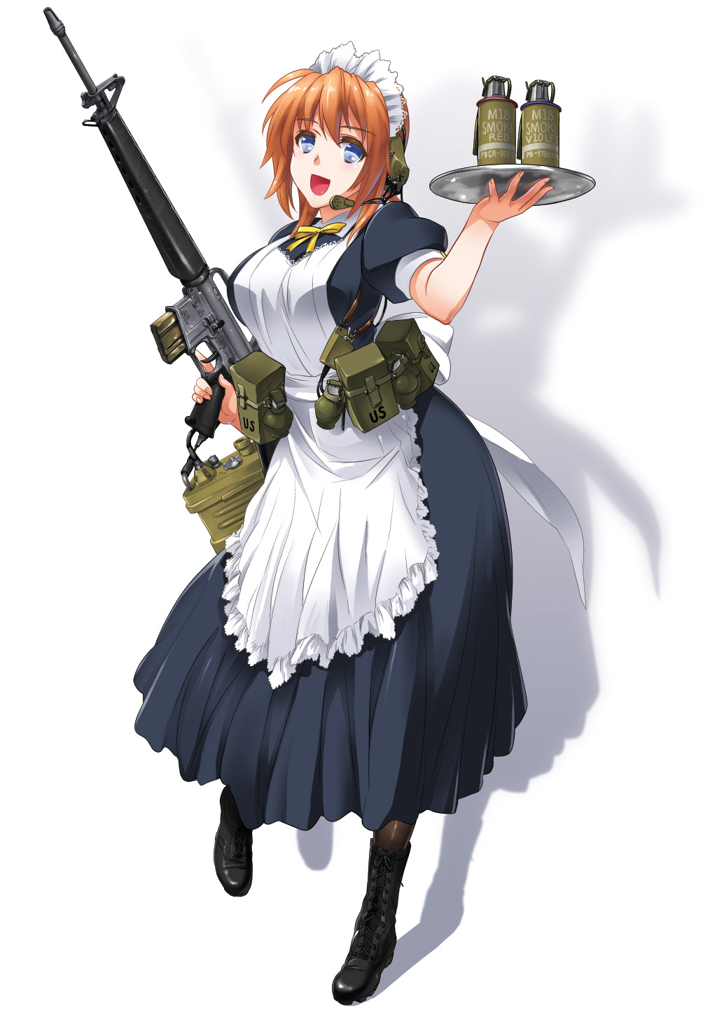 1girl apron assault_rifle black_legwear blue_eyes blush boots breasts byeontae_jagga explosive grenade gun headset highres large_breasts looking_at_viewer m16 maid maid_headdress open_mouth orange_hair pantyhose rifle short_hair short_sleeves simple_background smile smoke_grenade solo tray trigger_discipline weapon white_background