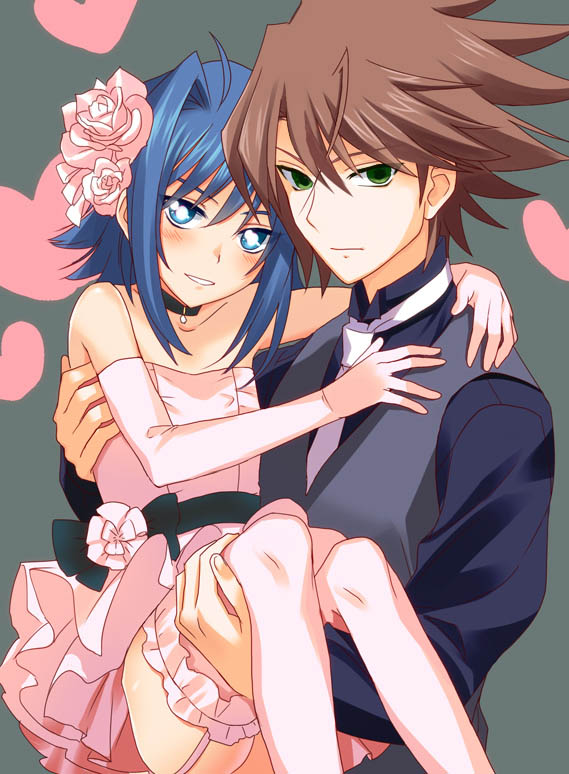 1boy 2boys ahoge blue_eyes blue_hair blush brown_hair cardfight!!_vanguard choker crossdressinging dress elbow_gloves flower garter_straps gloves green_eyes hair_flower hair_ornament kai_toshiki male_focus multiple_boys open_mouth otoko_no_ko sendou_aichi short_hair smile thigh-highs yaoi you_(outtune)