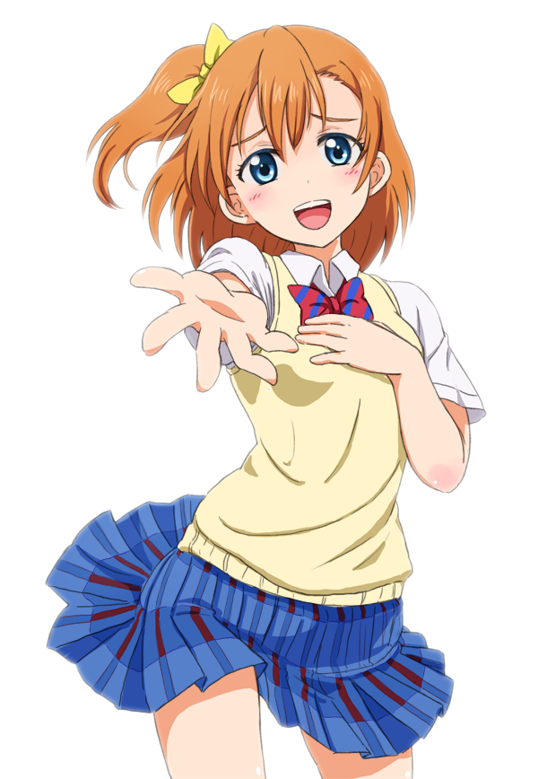 1girl :d blue_eyes bow hair_bow hand_on_own_chest kousaka_honoka looking_at_viewer love_live!_school_idol_project nurutema open_mouth orange_hair outstretched_arm outstretched_hand school_uniform side_ponytail skirt smile solo white_background wind