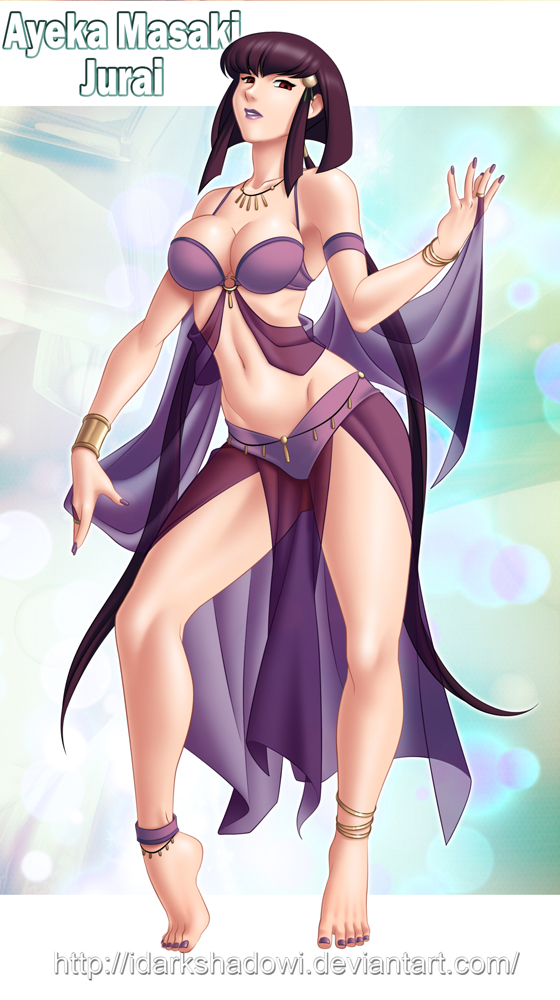 1girl anklet armband barefoot bracelet breasts bridal_gauntlets cleavage detached_sleeves full_body harem_outfit jewelry jorge_cabellos long_hair long_legs masaki_aeka_jurai nail_polish navel necklace payot purple_hair purple_nails red_eyes showgirl_skirt solo split_ponytail tenchi_muyou! tiptoes toenail_polish toes very_long_hair