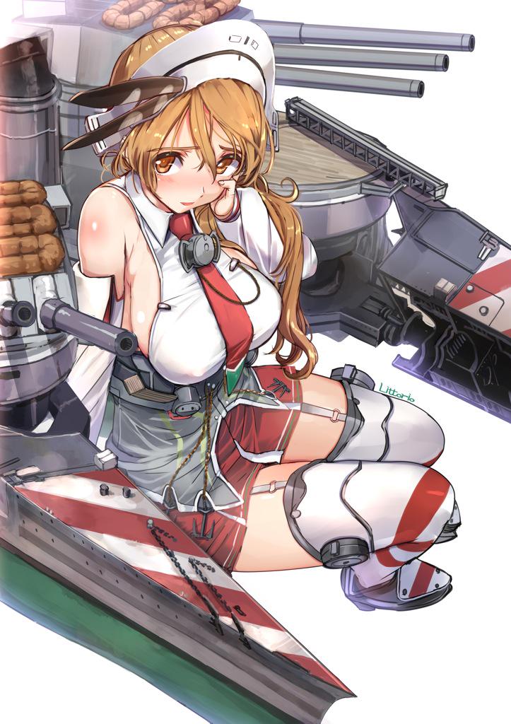 1girl akasaai bare_shoulders blush breasts brown_eyes brown_hair cannon detached_sleeves garter_straps hair_ornament hat kantai_collection littorio_(kantai_collection) long_hair looking_at_viewer machinery mecha_musume miniskirt necktie red_skirt skirt solo striped striped_legwear thigh-highs zettai_ryouiki