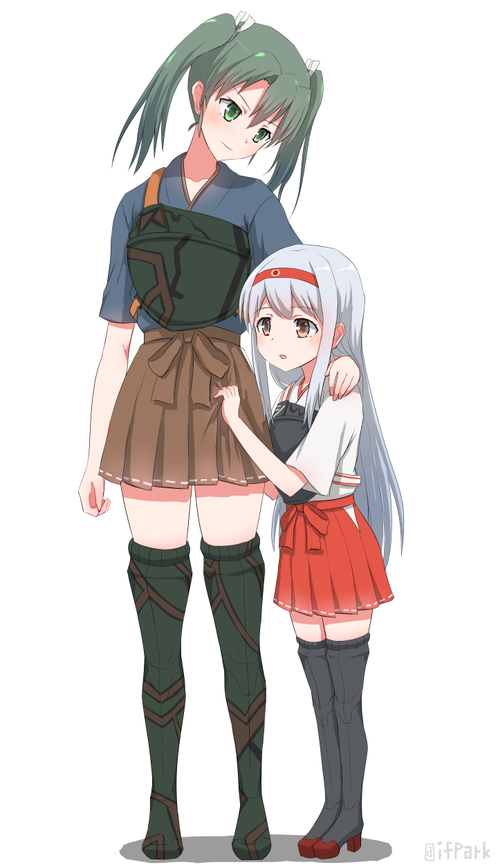 &gt;:) 2girls :o commentary_request green_eyes green_hair hair_ribbon hakama_skirt headband highres ifpark_(ifpark.com) japanese_clothes kantai_collection long_hair multiple_girls muneate pink_eyes remodel_(kantai_collection) ribbon short_twintails shoukaku_(kantai_collection) silver_hair twintails younger zuikaku_(kantai_collection)