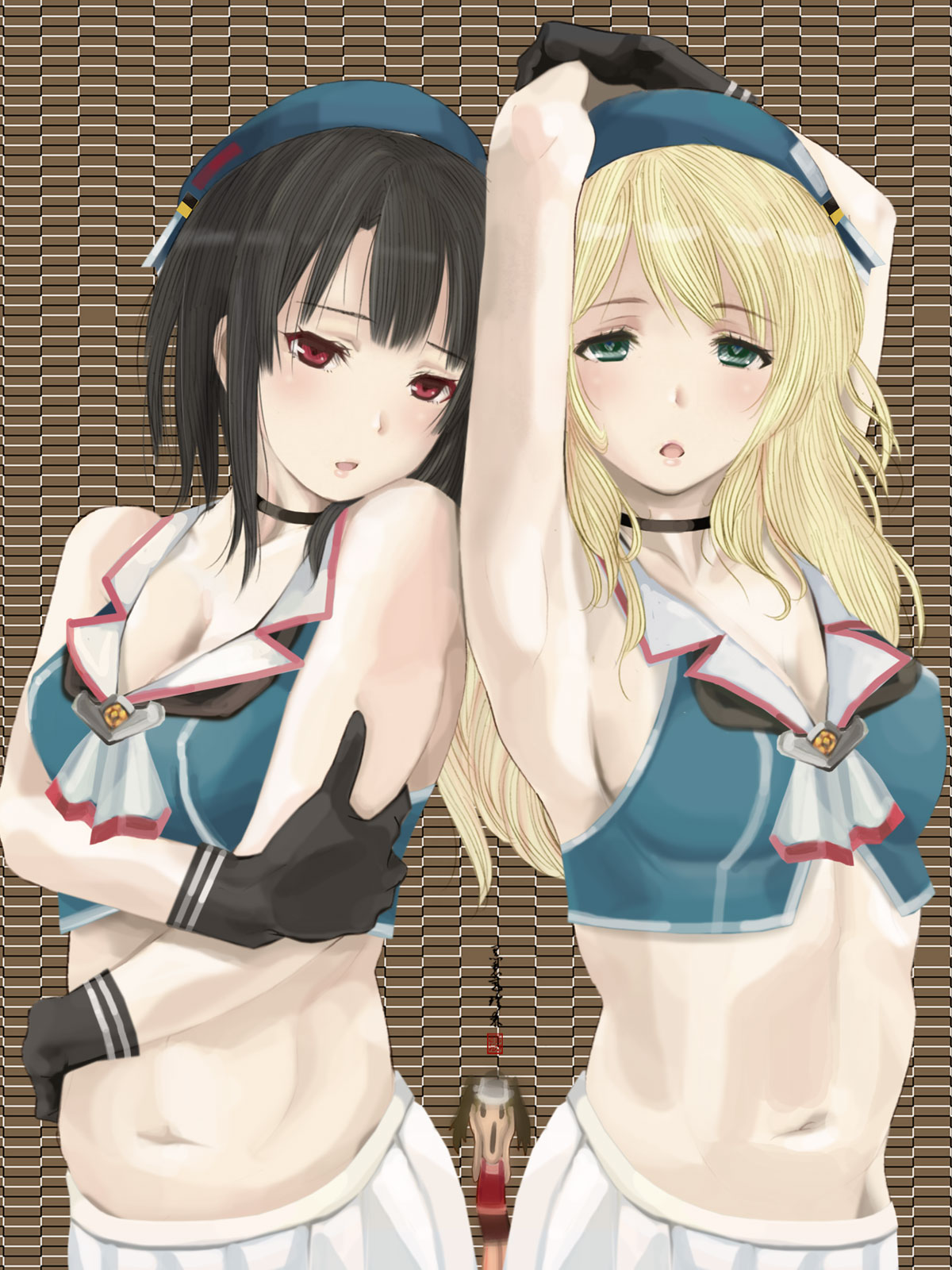 2girls adapted_costume armpits arms_up atago_(kantai_collection) black_gloves blonde_hair blue_eyes breast_hold breasts cleavage crop_top deformed fine_art_parody gloves hair_between_eyes highres kantai_collection kurorichin long_hair looking_at_viewer midriff multiple_girls open_mouth parody red_eyes ryuujou_(kantai_collection) short_hair sideboob takao_(kantai_collection) the_scream