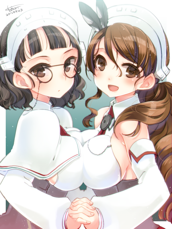 2girls breasts glasses holding_hands kantai_collection ko_ru_ri littorio_(kantai_collection) looking_at_viewer multiple_girls roma_(kantai_collection)