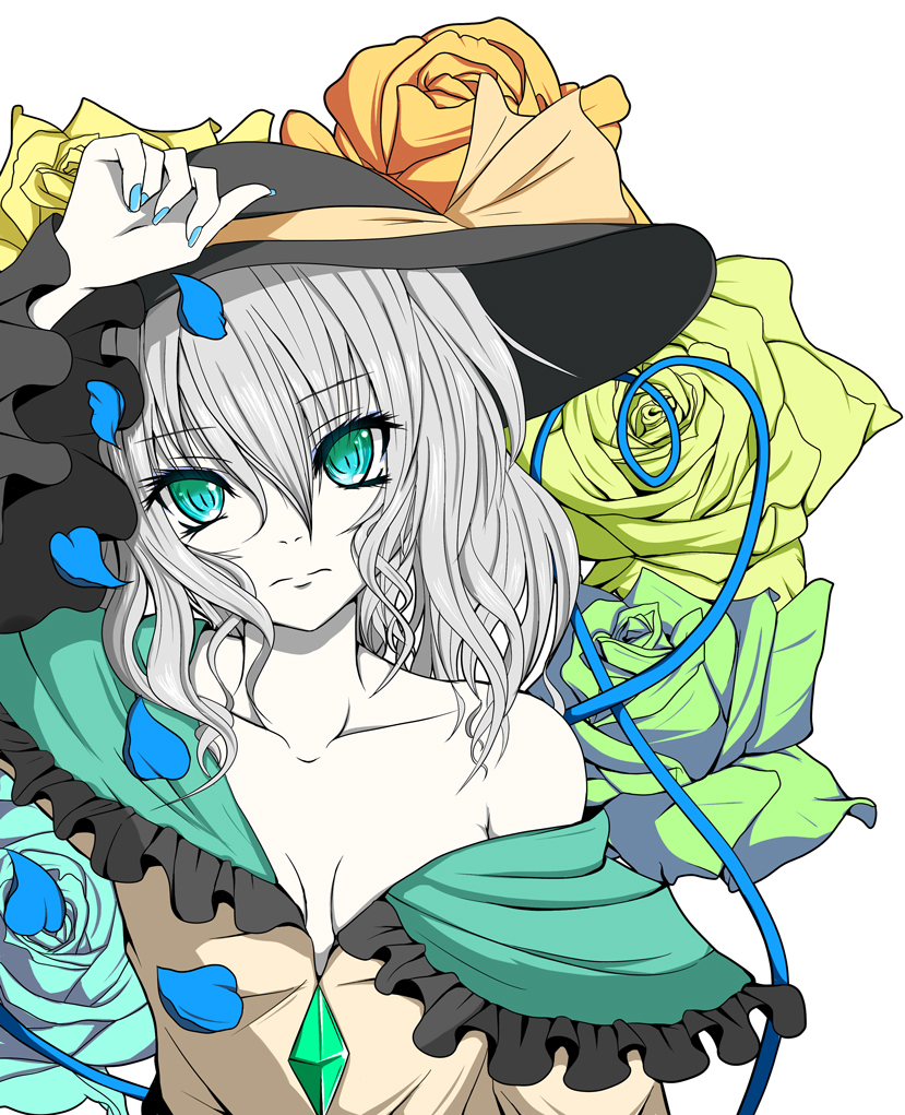 1girl aqua_eyes bare_shoulders blouse blue_rose breasts cleavage collarbone fingernails flower frown fuoco green_rose hand_on_headwear hat hat_ribbon head_tilt heart heart_of_string komeiji_koishi looking_at_viewer nail_polish off_shoulder orange_rose pale_skin petals ribbon rose short_hair silver_hair simple_background solo touhou white_background yellow_rose