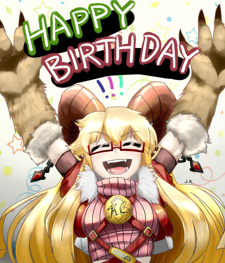 1girl arms_up baphomet_(monster_girl_encyclopedia) blonde_hair claws closed_eyes demon_girl demon_horns fangs glasses happy_birthday horns j.k. long_hair monster_girl_encyclopedia open_mouth semi-rimless_glasses solo under-rim_glasses upper_body very_long_hair