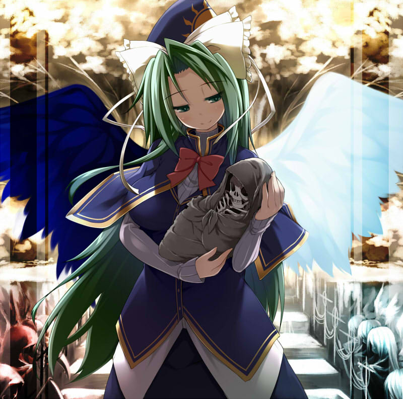 1girl album_cover angel angel_wings baby backlighting blue_dress bow breasts capelet carrying cover demon_wings devil dress green_eyes green_hair half-closed_eyes hat hat_ribbon long_hair mima motherly ribbon rondo_umigame skeleton smile solo stairs stairway standing touhou touhou_(pc-98) tree very_long_hair wings