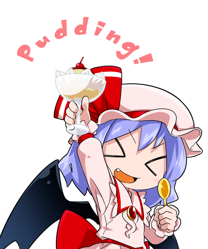 &gt;_&lt; 1girl arm_up bat_wings blue_hair bow byourou chibi closed_eyes fang hat open_mouth pudding remilia_scarlet ribbon short_hair smile solo spoon touhou wings