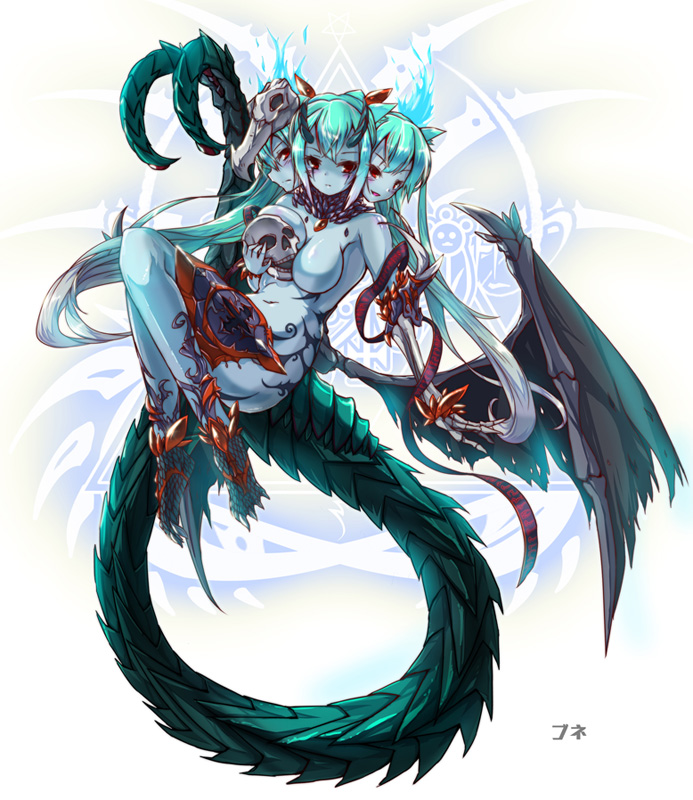 1girl animal_ears aqua_hair blue_skin dog_ears dragon_tail gradient_hair horns long_tail monster_girl multicolored_hair multiple_heads navel no_nipples nude original red_eyes ribbon rocknroll skeletal_arm skull solo tail twintails white_hair wings