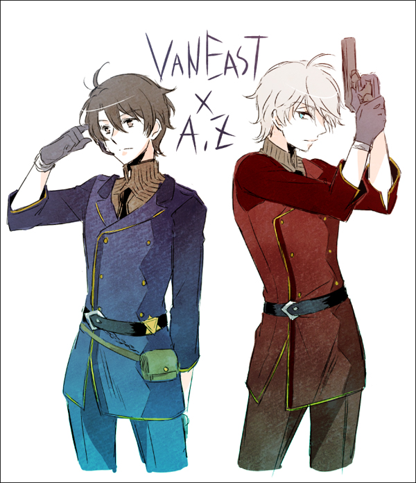 2boys aldnoah.zero brown_hair crossover gloves grey_hair gun handgun kaizuka_inaho military military_uniform multiple_boys naguy_(nagui) silver_hair slaine_troyard tiny_x_machinegun uniform weapon