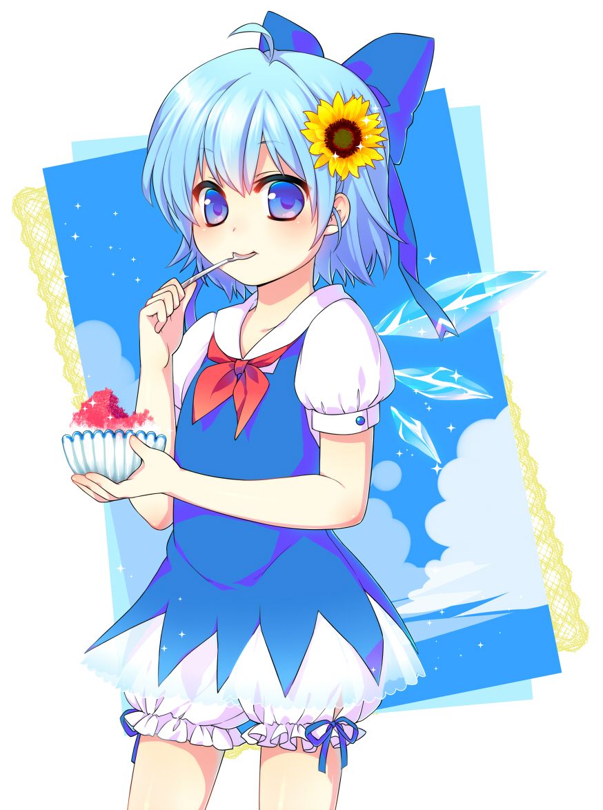 1girl bloomers blue_dress blue_eyes blue_hair bowtie cirno clouds dress eating fairy flower food hair_flower hair_ornament hair_ribbon ice ice_cream ice_wings kuronohana looking_at_viewer puffy_sleeves ribbon short_hair short_sleeves solo sparkle spoon sunflower touhou underwear vest wings