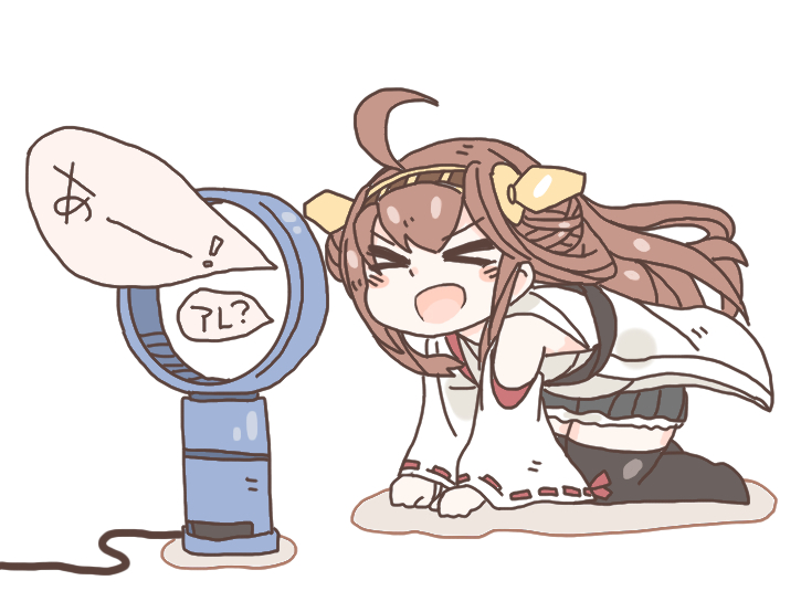 &gt;_&lt; 1girl ahoge black_legwear black_skirt brown_hair closed_eyes commentary_request double_bun dyson electric_fan headgear kantai_collection kongou_(kantai_collection) long_hair mato_tsuyoi nontraditional_miko open_mouth pleated_skirt simple_background skirt solo thigh-highs white_background