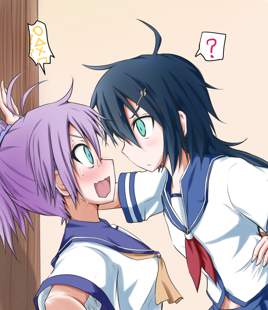 2girls ? aoba_(kantai_collection) black_hair blush commentary_request face-to-face hair_ornament hairclip kako_(kantai_collection) kantai_collection kirino_souya multiple_girls neckerchief open_mouth ponytail purple_hair school_uniform scrunchie serafuku spoken_question_mark sweat upper_body wall_slam wavy_mouth