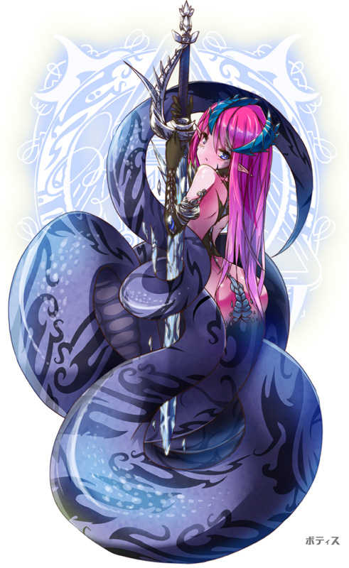 1girl ass black_gloves blue_eyes elbow_gloves gloves horns huge_weapon lamia long_hair looking_back monster_girl original pink_hair pointy_ears rocknroll solo sword weapon