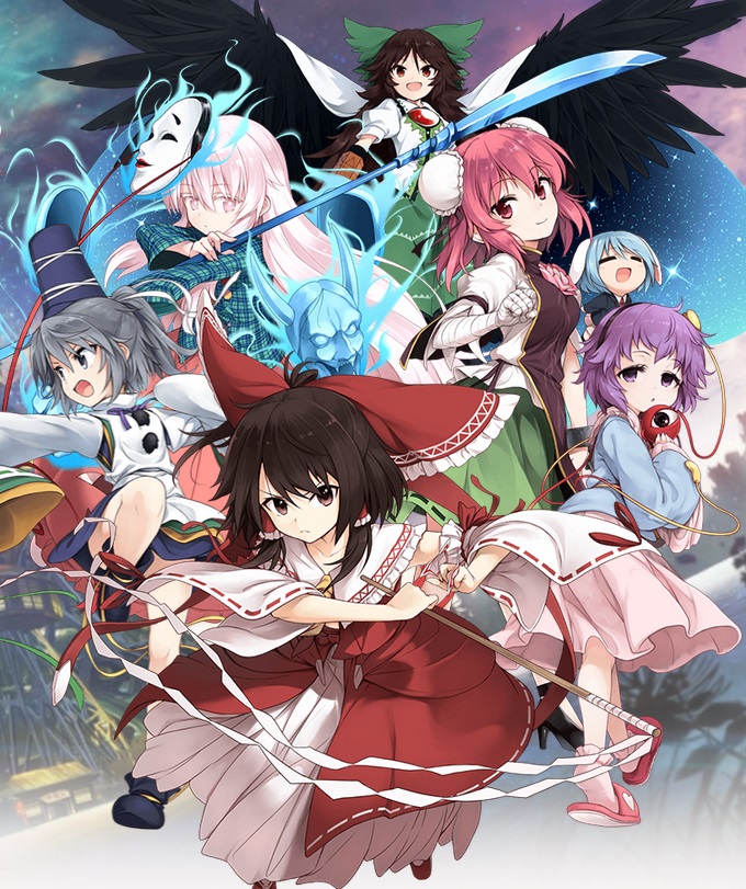 6+girls adapted_costume animal_ears aqua-lia arm_cannon bandaged_arm bandages black_hair black_wings blue_hair brown_eyes brown_hair bun_cover cape chibi closed_eyes detached_sleeves double_bun eyeball flower gohei grey_eyes grey_hair hair_bun hair_ribbon hair_tubes hairband hakurei_reimu hat hata_no_kokoro high_heels ibaraki_kasen japanese_clothes komeiji_satori long_hair long_sleeves looking_at_viewer miko mononobe_no_futo multiple_girls naginata noh_mask oni_mask open_mouth pink_eyes pink_hair pink_legwear plaid plaid_shirt polearm puffy_sleeves purple_hair rabbit_ears red_eyes reisen reiuji_utsuho ribbon ribbon-trimmed_sleeves ribbon_trim rose shirt short_hair short_sleeves skirt skirt_set slippers smile socks star_(sky) string tabard tate_eboshi third_eye touhou violet_eyes weapon wide_sleeves wings