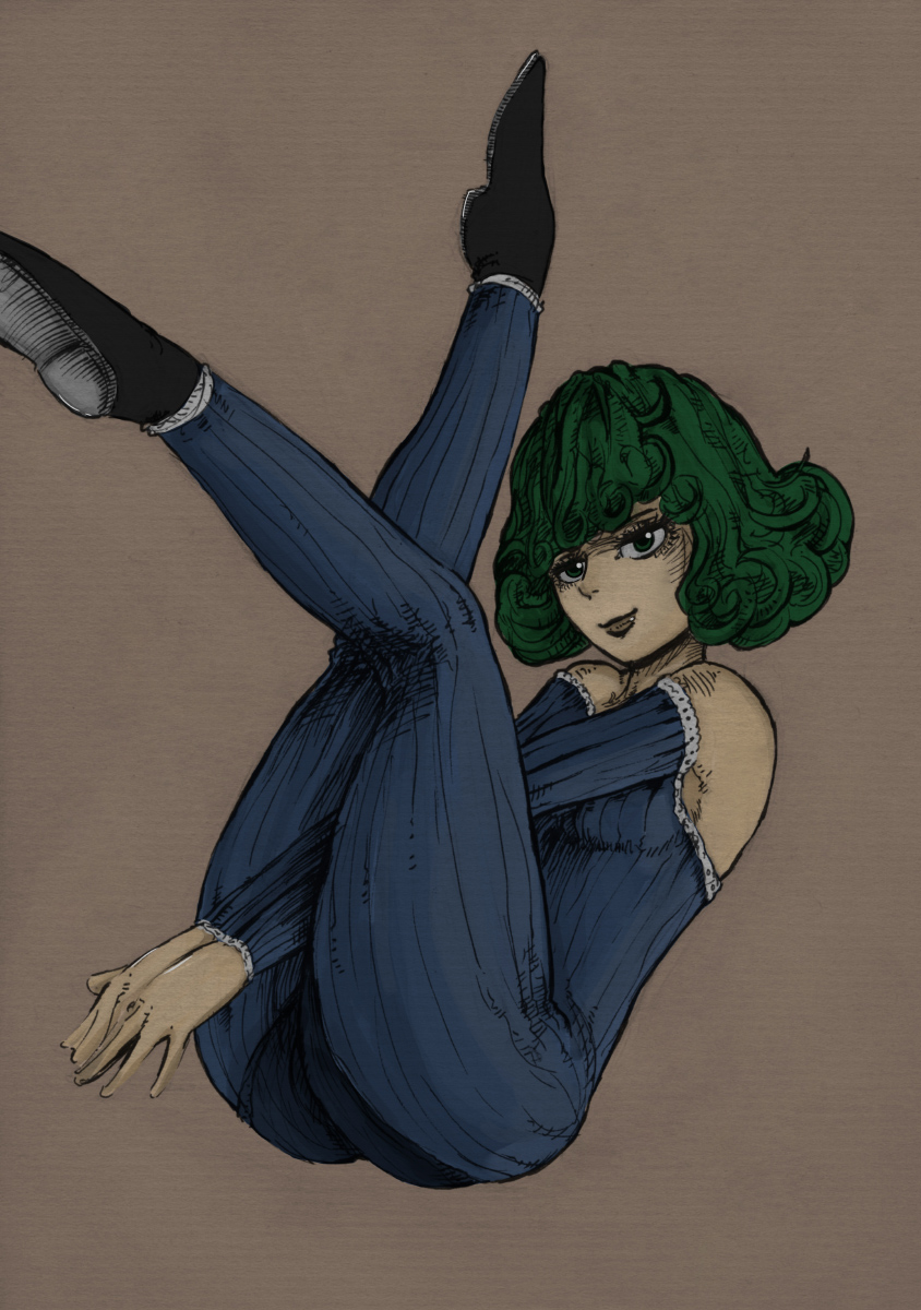 1girl alternate_costume bare_shoulders bodystocking curly_hair detached_sleeves flats full_body green_eyes green_hair highres legs_up light_smile lips looking_at_viewer onepunch_man revision short_hair sitting solo tatsumaki the_golden_smurf v_arms vertical_stripes
