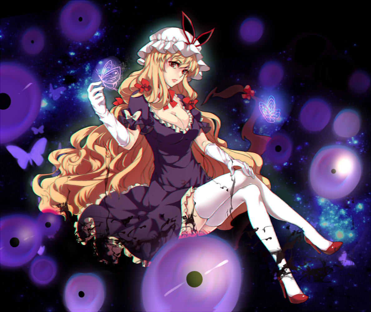 1girl aura bangs blonde_hair bow breasts butterfly choker cleavage commentary_request crossed_legs danmaku dark dress elbow_gloves floating frilled_dress frills galaxy gap gloves hair_bow hand_on_own_knee high_heels large_breasts lips long_hair pink_lips puffy_short_sleeves puffy_sleeves purple_dress red_eyes red_shoes ribbon_choker serious shoes short_sleeves sitting solo space thigh-highs thighs touhou very_long_hair white_gloves white_legwear yakumo_yukari yayoi_(su_misheng)