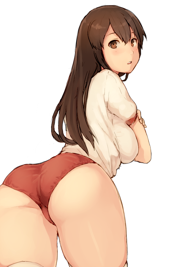 1girl akagi_(kantai_collection) blush breasts brown_eyes brown_hair buruma kagari_(kgr_000) kantai_collection large_breasts long_hair looking_at_viewer looking_back open_mouth solo thigh-highs