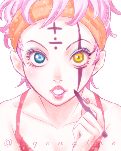 1girl 9lara blue_eyes facepaint hair_up headband heterochromia jojo_no_kimyou_na_bouken lips lowres pink_hair short_hair trish_una yellow_eyes