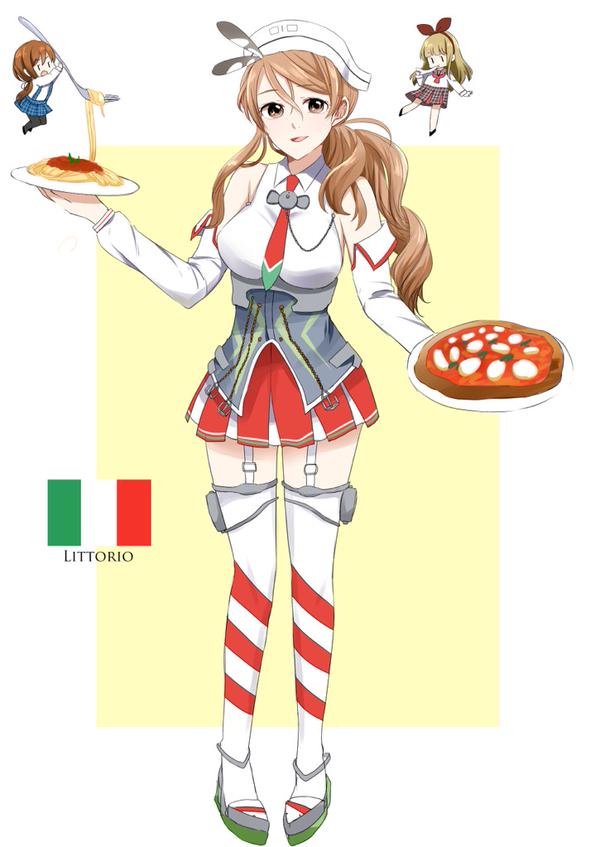 brown_hair fairy_(kantai_collection) food hat kantai_collection littorio_(kantai_collection) long_hair morinaga_(harumori) pizza spaghetti tagme thigh-highs