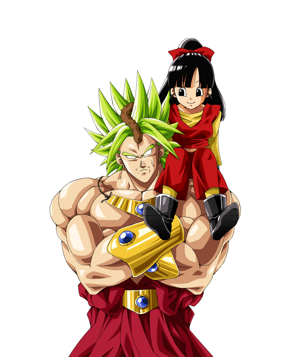 1boy 1girl bangs black_eyes black_hair bow broly crossed_arms dougi dragon_ball dragon_ball_z eto_(etc_eto) green_hair hair_bow highres no_pupils pan_(dragon_ball) shirtless sitting_on_shoulder sweatdrop tail vambraces